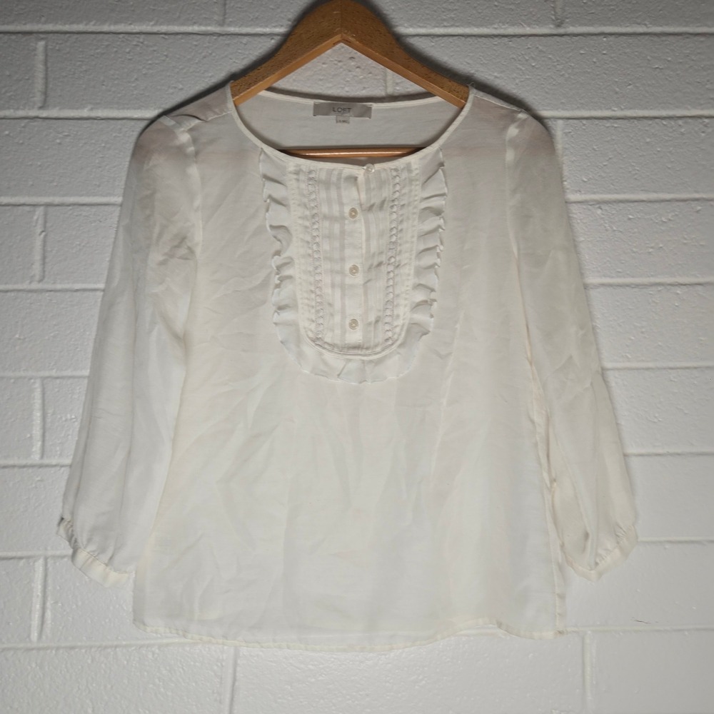 LOFT Womens Blouse White Sheer Ruffle Pleated Bib Tuxedo Top Romantic Office S